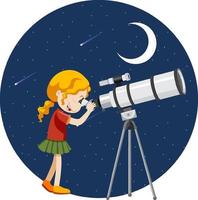 een meisje dat 's nachts door een telescoop kijkt vector