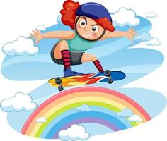 een meisje dat skateboard speelt op regenboog vector