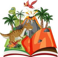 geopend boek met dinosaurus in prehistorisch bos vector