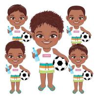 strand zwarte jongen in zomervakantie. afro-amerikaanse kinderen met voetbal en waterfles cartoon karakter ontwerp vector