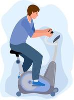 man op een hometrainer. sporten, trainen thuis of in de sportschool of in een revalidatiecentrum. sportieve hometrainer. cardiofitness trainingsapparatuur. vector illustratie