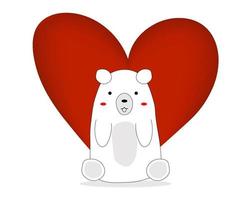 liefdesconcept. schattige grote witte beer zit voor grote rode hartvorm op witte achtergrond vector