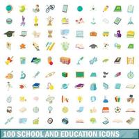 100 school en onderwijs iconen set, cartoon stijl vector