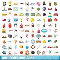 100 recreatie iconen set, cartoon stijl vector