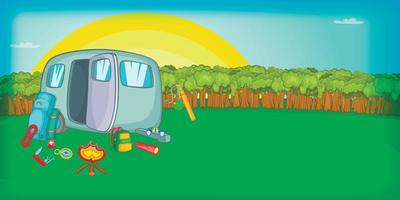 camping horizontale banner zonsondergang, cartoon-stijl vector