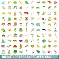 100 natuur en landschap iconen set, cartoon stijl vector