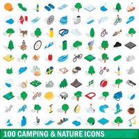 100 camping natuur iconen set, isometrische 3D-stijl vector