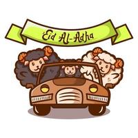 schattige illustratie van drie schapen die een auto besturen voor eid al adha mubarak groet handgetekende stijl vector