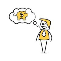 zakenman denken aan spaarvarken gele stok figuur illustratie vector