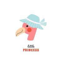 schattige baby flamingo meisje in de zomer panama hoed. grappige kinderachtig hand getekende illustratie in doodle stijl geïsoleerd op een witte achtergrond. kawaii print voor babytextiel, stickers, kaarten en posters vector