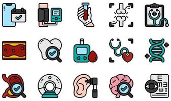 set van vector iconen gerelateerd aan gezondheidscontrole. bevat iconen als afspraak, bloeddruk, bloedonderzoek, controle, hartcontrole, oogonderzoek en meer.