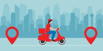 bezorger die op een rode scooter rijdt. voedselbezorging man.logistiek concept, skyline van de stad op de achtergrond. vector