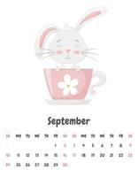kalenderpagina voor de maand september 2023 met een schattig grappig konijn zittend in een theekopje. schattig dier, een personage in pastelkleuren. Kinderkalender. vectorillustratie op een witte achtergrond vector