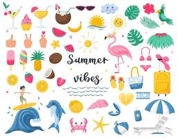 een set heldere zomerse decoratieve elementen. fruit, strandaccessoires, flamingo, surfer, fruit. schattige vectorillustraties in platte cartoon stijl geïsoleerd op een witte achtergrond. vector