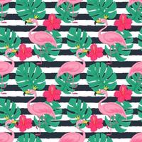 zomer naadloos patroon met roze flamingo in een kroon en zonnebril, monstera bladeren, hibiscus bloemen. heldere vectorillustraties in een platte cartoonstijl op een achtergrond met donkere textuurstrepen. vector