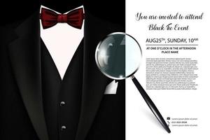 een uitnodiging voor een evenement in een zwarte stropdas. elegante zwart-witte ansichtkaart. vectorillustratie met de inscriptie plaatsen en tijden vector