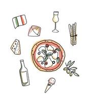 doodle set van Italiaanse gerechten. getekende iconen van producten uit de nationale Italiaanse keuken. vector