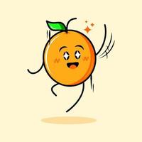 schattig oranje karakter met vrolijke uitdrukking, sprankelende ogen en sprong. tekenfilm, emoticon, modern, fris, overzicht en mascotte-logo. geschikt voor logo, icoon en teken vector
