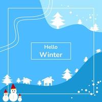 winterse achtergrond. frame met bomen, huis, sneeuwvlokken en sneeuwpop. plat, lijnen en moderne stijl. geschikt voor wenskaart, feed social media, banner of flyer vector