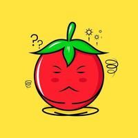schattig tomatenkarakter met denkende uitdrukking, sluit de ogen en zit met gekruiste benen. groen, rood en geel. geschikt voor emoticon, logo, mascotte vector