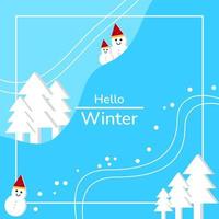 winterse achtergrond. frame met bomen, sneeuwvlokken en snowmans. geschikt voor wenskaart, feed social media, banner of flyer vector
