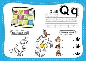 alfabet letter q - quilt oefening met cartoon woordenschat illustratie, vector