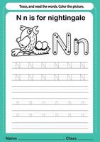 alfabet n oefening met cartoon woordenschat voor het kleuren van boekillustratie, vector