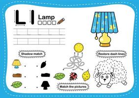 alfabet letter l - lamp oefening met cartoon woordenschat illustratie, vector