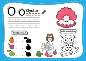 alfabet letter o - oester oefening met cartoon woordenschat illustratie, vector