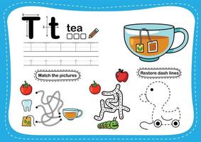 alfabet letter t - thee oefening met cartoon woordenschat illustratie, vector