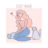 cartoon schattig meisje zitten en een kat aaien. blijf thuis bescherm jezelf. vector illustratie