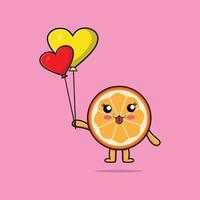 cartoon oranje fruit drijvend met liefdesballon vector