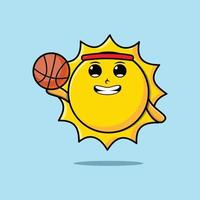 schattig stripfiguur van de zon die basketbal speelt vector