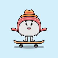 leuke tekenfilmsushi die zich op skateboard bevindt vector