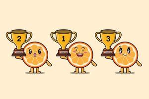 set van schattige cartoon oranje fruit met trofee vector