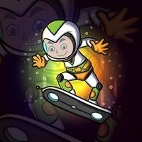 de cyborg-jongen speelt het skateboard in de ruimte esport mascotte logo-ontwerp vector
