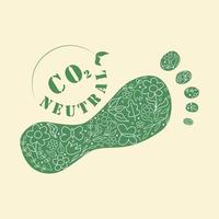 CO2-voetafdruk label. eco vriendelijk platte vectorillustratie. co2 neutrale groene voetafdruk met bloemen en oevers. nul of gratis koolstofemissies. vector