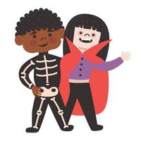 Halloween kinderkostuumfeest. schattig klein meisje en Afro-Amerikaanse jongen in halloween vampier en skelet kostuum. vector