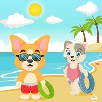 cartoon grappige kleine hond met kat op het strand vector