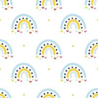 naadloos kinderachtig kleurrijk patroon met schattige doodle regenbogen en harten, stippen. creatieve kindertextuur voor stof, verpakking, textiel, behang, kleding. vector illustratie