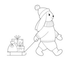 konijn met een slee en kerstcadeaus. ontwerpelement of pagina van kleurboek voor kinderen vector