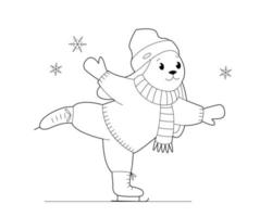 schattig konijntje in winterkleren is aan het schaatsen. ontwerpelement of een pagina met kleurboek voor kinderen vector