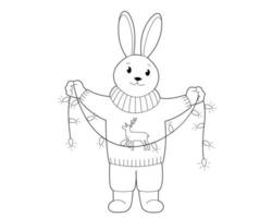 kerstkarakter konijn en slinger. ontwerpelement of een pagina van een kleurboek voor kinderen vector