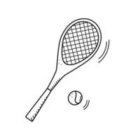 tennisracket en tennisbal doodle stijl geïsoleerd op wit. vectorillustratie van sportuitrusting voor het spelen van tennis. vector