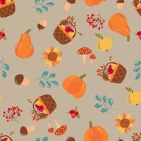 herfst naadloos patroon met pompoenen, bessen, champignons, peren, appels en bladeren. vector