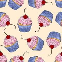 cupcake met kersen hand getrokken naadloze patroon achtergrond vector