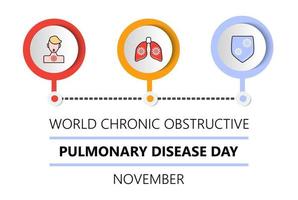 wereld chronische obstructieve longziekte dag of copd wordt gevierd op de derde woensdag van november. promotie gezondheid info-grafische banner, illustratie voor web. longen, dokter, schild icoon. vector