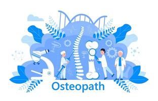 osteopaat vector concept. osteoporose werelddag,. kleine artsen onderzoeken osteoartritis anatomische botten van de mens. gewrichtspijn, kwetsbaarheid van het onderbeen worden getoond. het is voor de bestemmingspagina, app