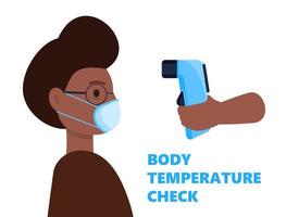 controle van de lichaamstemperatuur is vereist. contactloze thermometer in de hand. zwarte man draagt een masker op het gezicht. coronavirus preventie en controle vector op witte achtergrond.