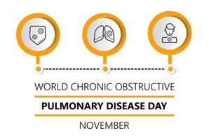 wereld chronische obstructieve longziekte dag of copd wordt gevierd op de derde woensdag van november. promotie gezondheid info-grafische banner, illustratie voor web. longen, dokter, schild icoon. vector